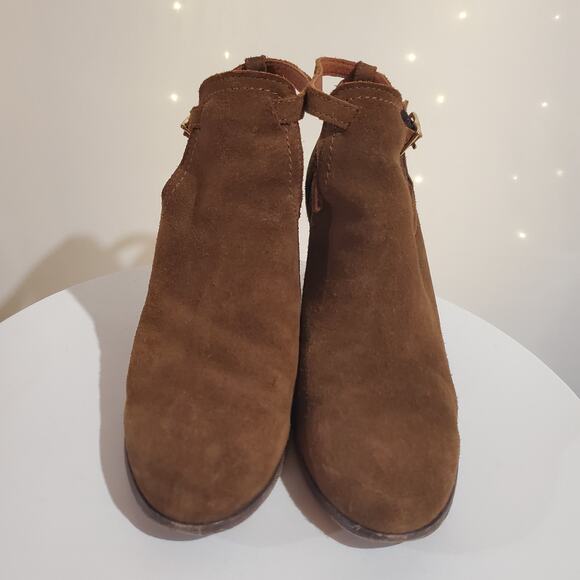 Frye Meghan Suede Ankle Buckle Strap Cut Out Heel Booties Womens Size 9 Brown - Picture 3 of 13